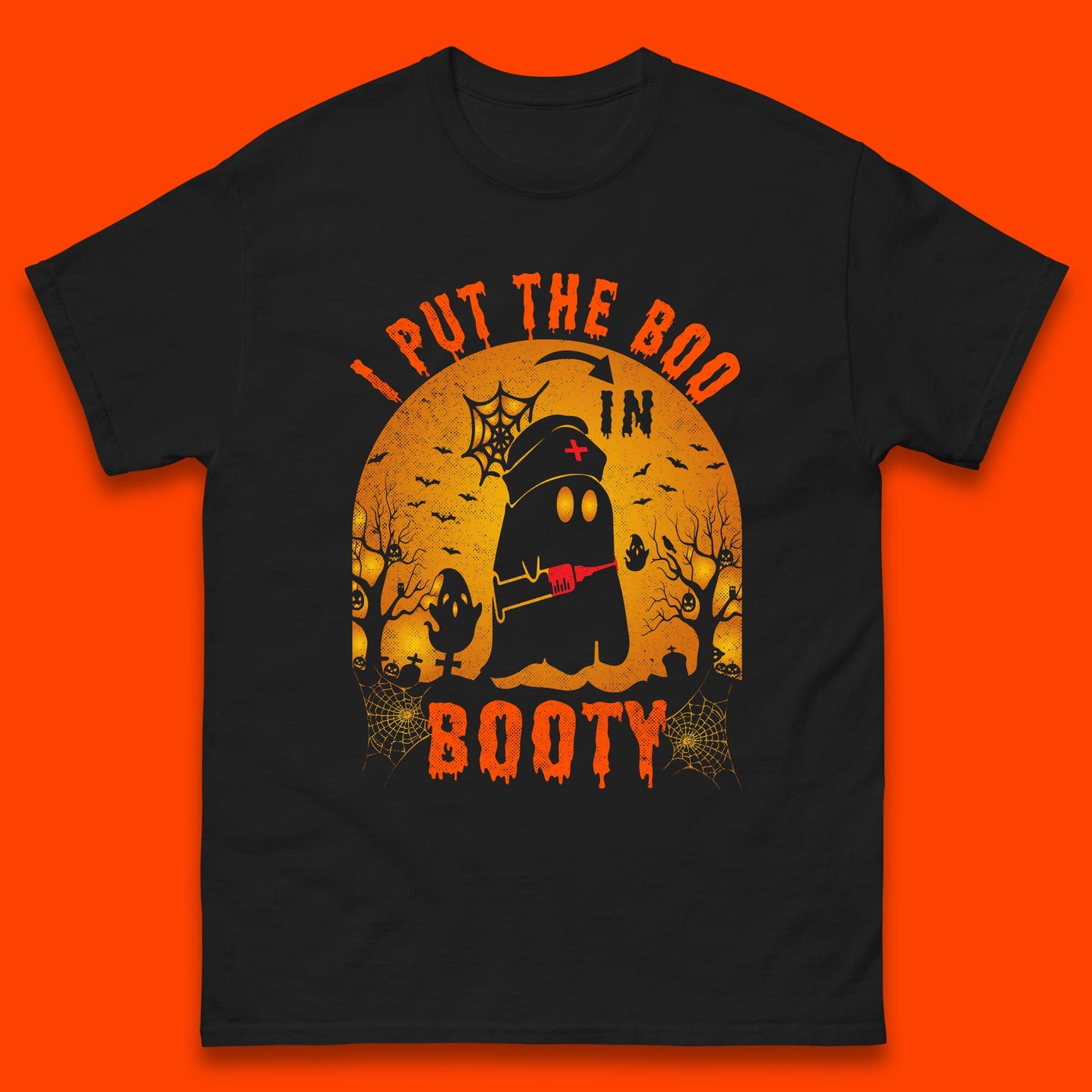 I Put The Boo In Booty Nurse Ghost Syringe Funny Halloween Nursing Boo Ghost Costume Mens Tee Top