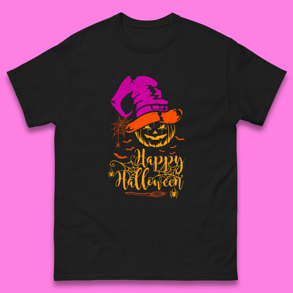 Happy Halloween Witch Hat Pumpkin Horror Scary Jack-o-lantern Flying Bats Mens Tee Top
