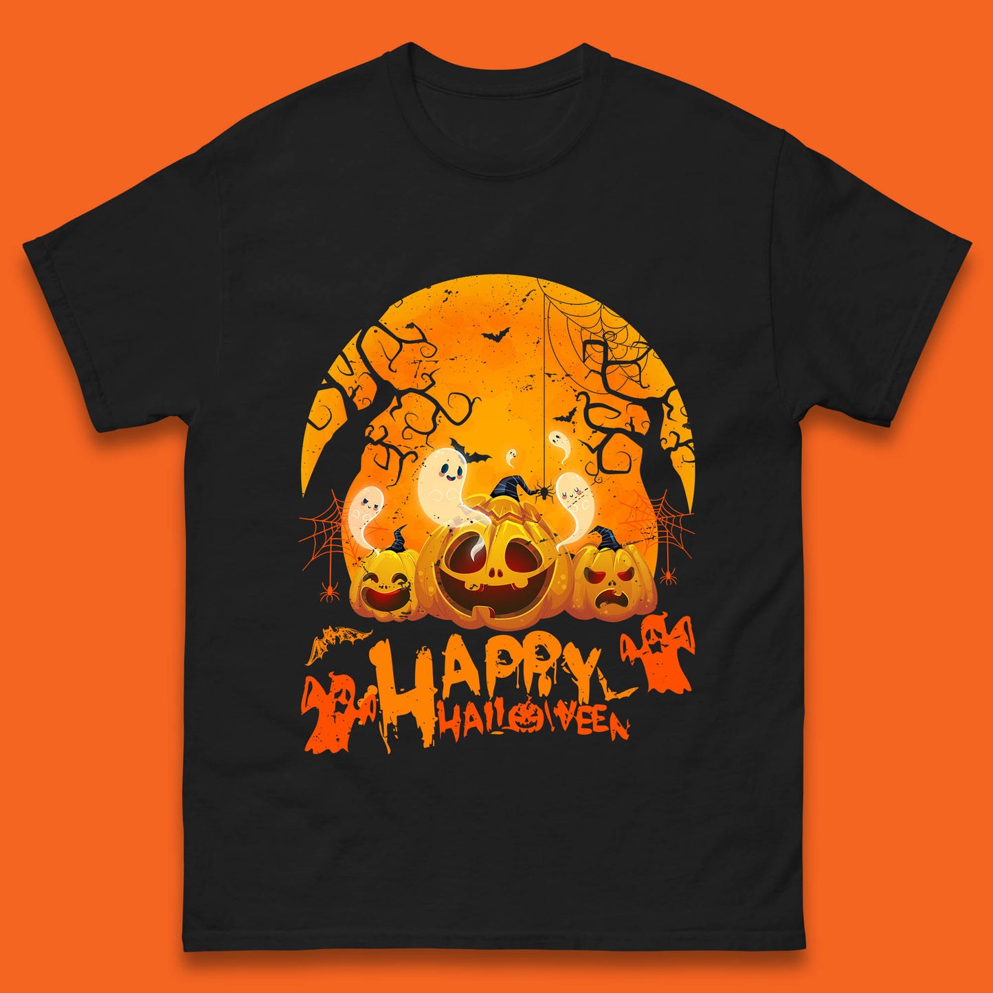 Happy Halloween Jack O Lantern Pumpkins Scary Boo Ghost Haunted Trees Mens Tee Top