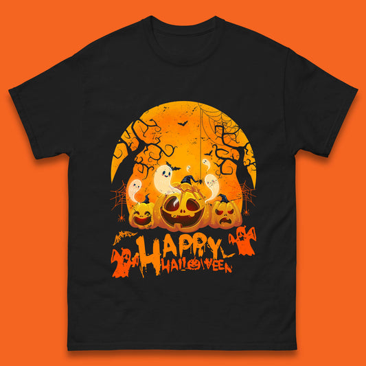 Happy Halloween Jack O Lantern Pumpkins Scary Boo Ghost Haunted Trees Mens Tee Top