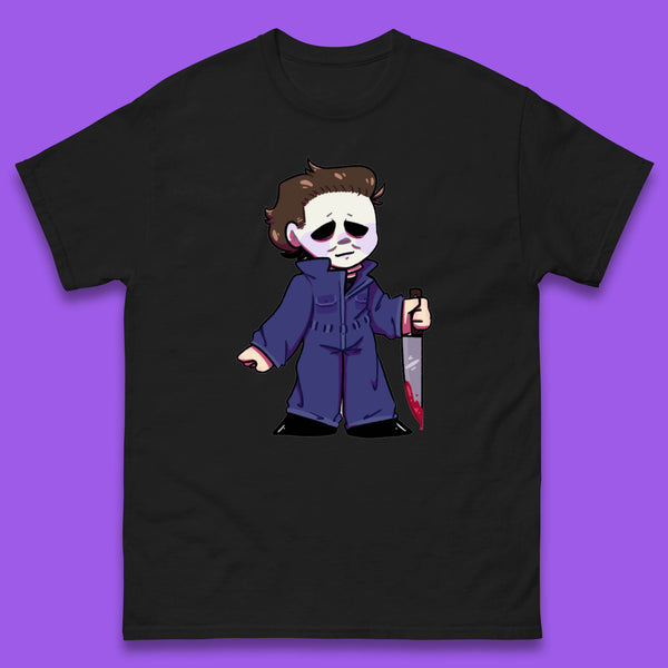 Chibi Michael Myers Holding Bloody Knife Halloween Serial Killer Horror Movie Character Mens Tee Top