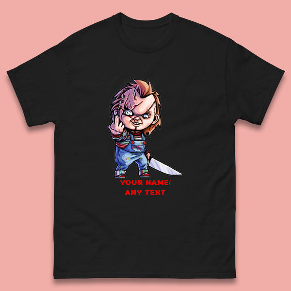 Personalised Chucky With Knife Your Name Or Text Halloween Horror Movie Character Mens Tee Top