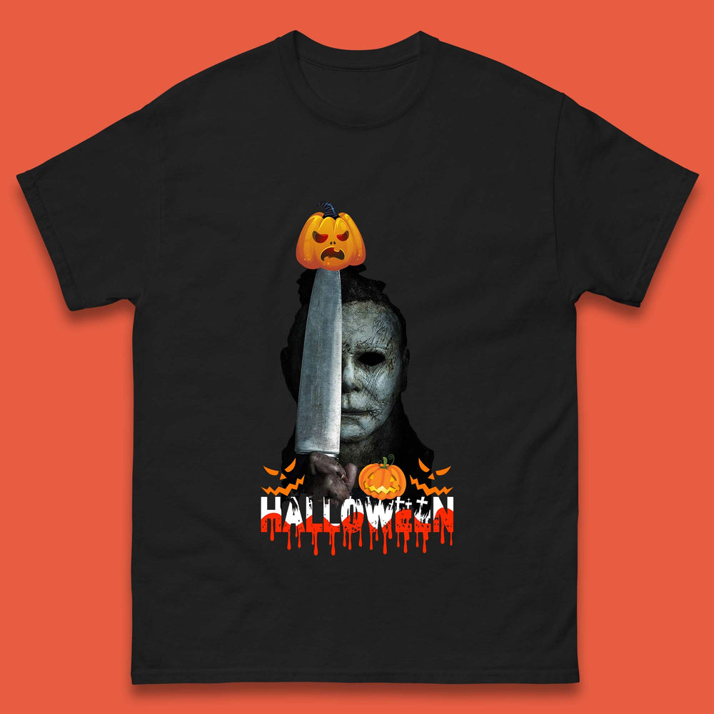 Halloween Michael Myers Holding Knife Pumpkin Horror Movie Character Serial Killer Mens Tee Top