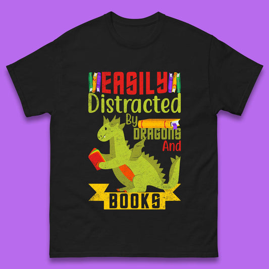 Easily Distracted By Dragons & Books Mens T-Shirt