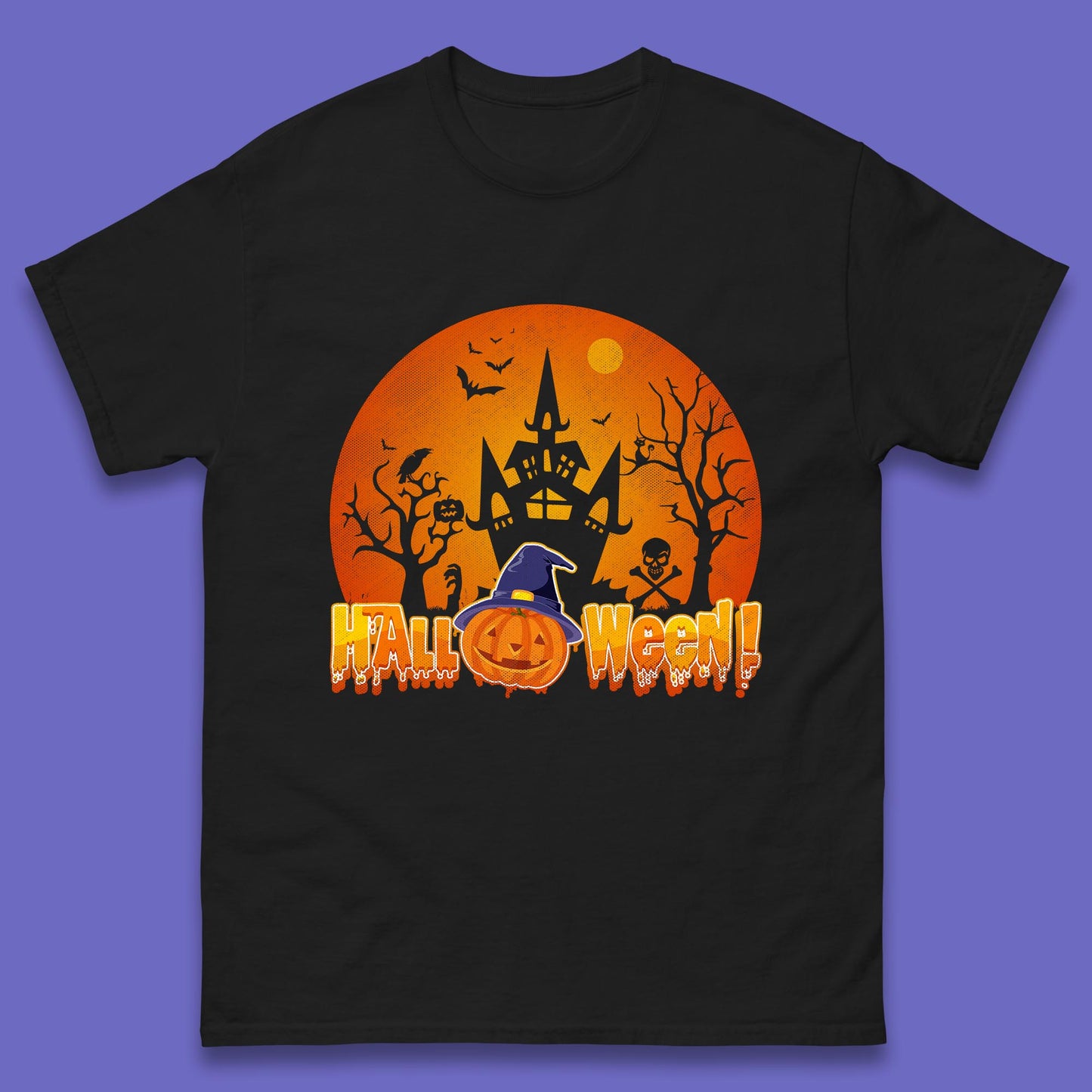 Halloween Pumpkin Witch Hat Haunted Castle Flying Bats Skull Bones Scary Dark Night Mens Tee Top