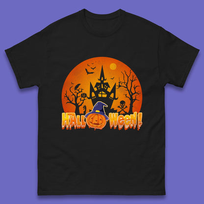 Halloween Pumpkin Witch Hat Haunted Castle Flying Bats Skull Bones Scary Dark Night Mens Tee Top