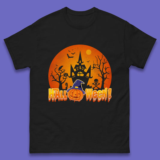 Halloween Pumpkin Witch Hat Haunted Castle Flying Bats Skull Bones Scary Dark Night Mens Tee Top