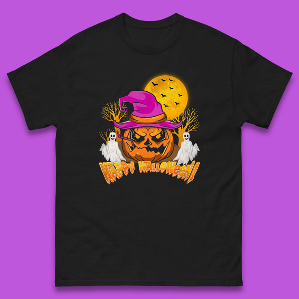 Happy Halloween Pumpkin Witch Hat Jack-o'-lantern With Full Moon Flying Bats Horror Scary Boo Ghost Mens Tee Top