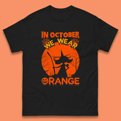 In October We Wear Orange Funny Quote Scary Witch With Broom Halloween Costume October Festive Mens Tee Top