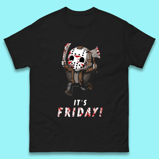 It's Friday Chibi Jason Voorhees Holding Bloody Knife & Bloody Axe Halloween Friday The 13th Horror Movie Mens Tee Top
