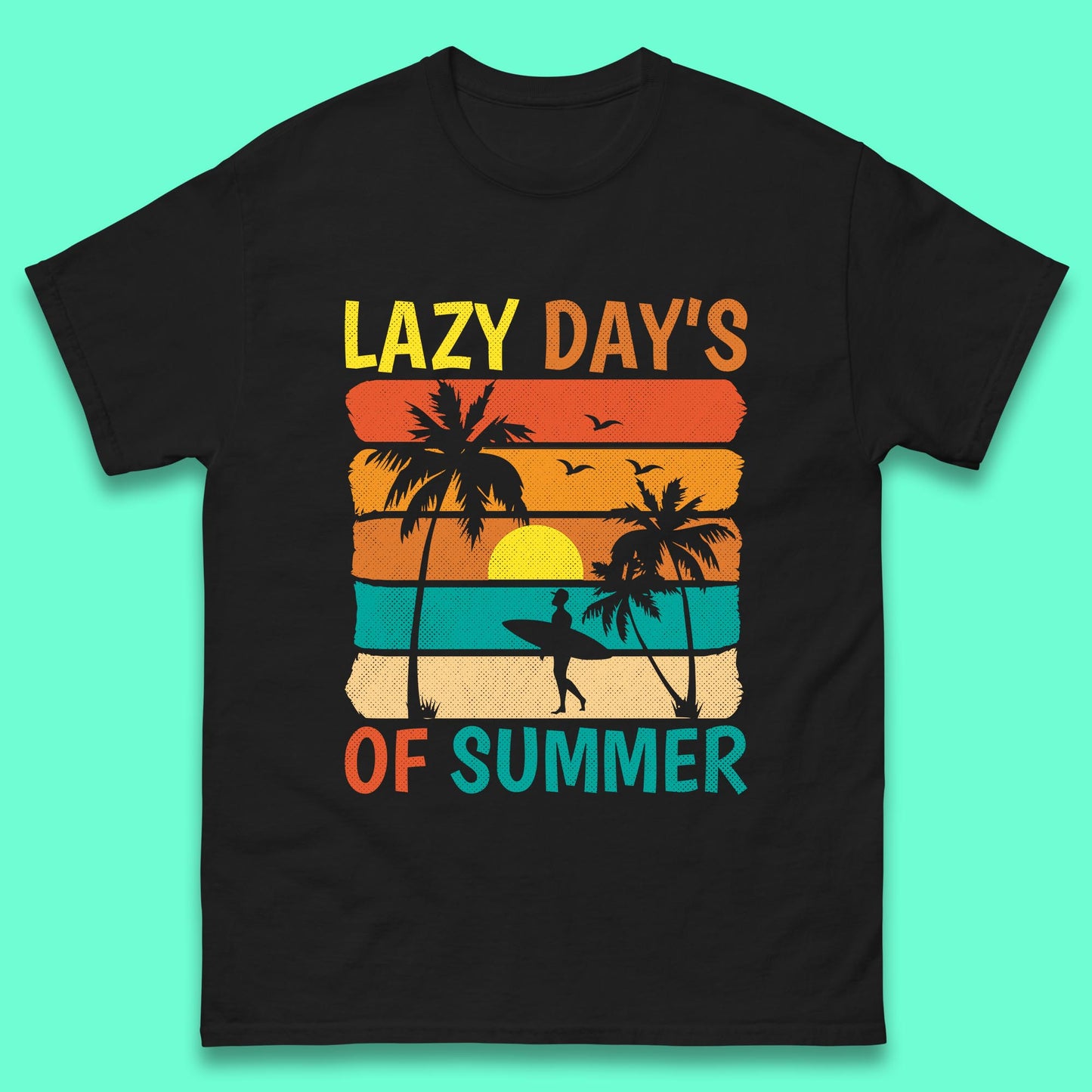 Lazy Days Of Summer Vintage Retro Sunset Surfer Beach Palm Trees Mens Tee Top