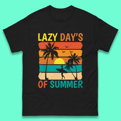Lazy Days Of Summer Vintage Retro Sunset Surfer Beach Palm Trees Mens Tee Top