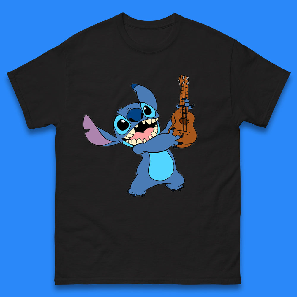 Disney Ohana Playing The Guitar Ohana Lilo & Stitich In Happy Mood Cartoon Character Disney World Mens Tee Top