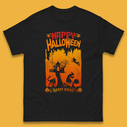 Happy Halloween Horror Hunted House Flying Witch Scary Spooky Night Mens Tee Top
