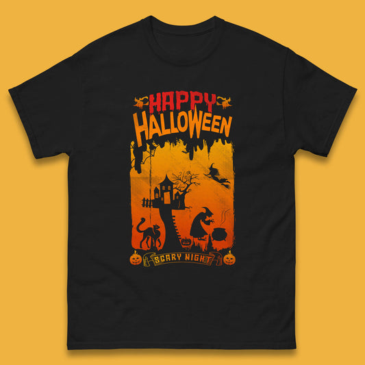 Happy Halloween Horror Hunted House Flying Witch Scary Spooky Night Mens Tee Top