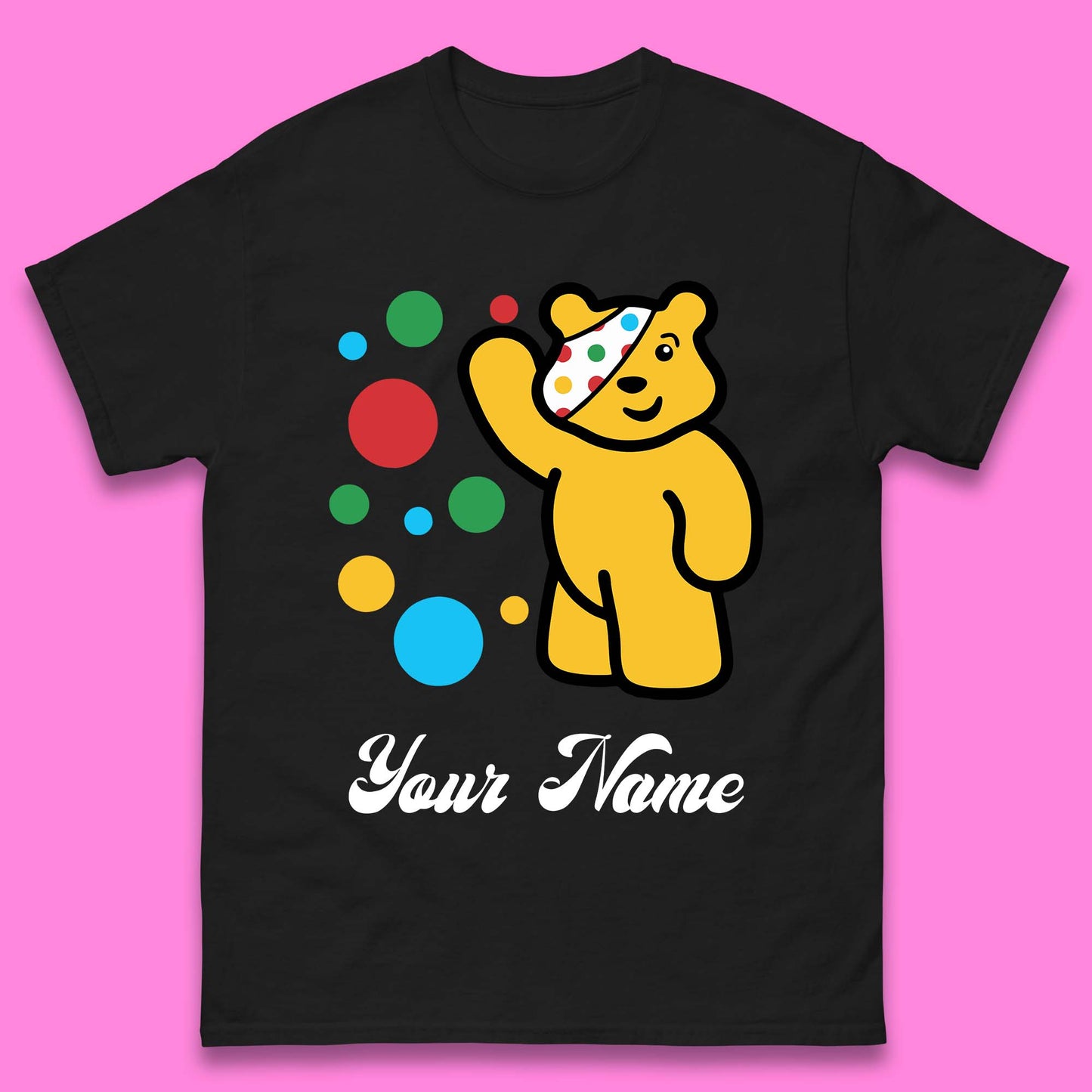 Personalised Spotty Pudsey Bear Hand Waving Dotty Spot Your Name Fundraising Spotty Bear Spotty Day Mens Tee Top