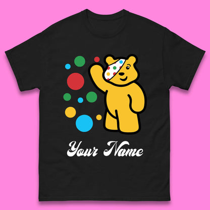 Personalised Spotty Pudsey Bear Hand Waving Dotty Spot Your Name Fundraising Spotty Bear Spotty Day Mens Tee Top