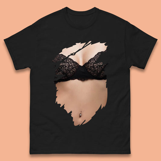 Beautiful Sexy Glamour Blonde Girl Stylish Trendy Summer Fashion Sexy Bra Mens Tee Top