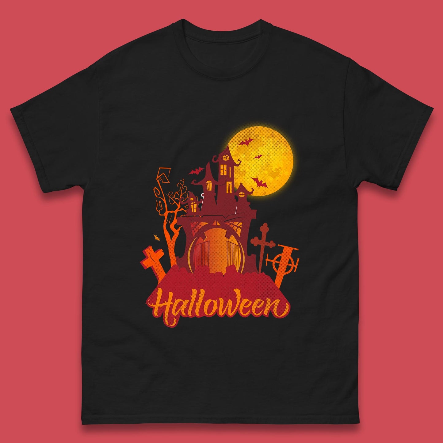 Halloween Lettering With Full Moon Scary Haunted House Flying Bats Horror Graveyard Mens Tee Top