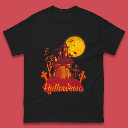 Halloween Lettering With Full Moon Scary Haunted House Flying Bats Horror Graveyard Mens Tee Top