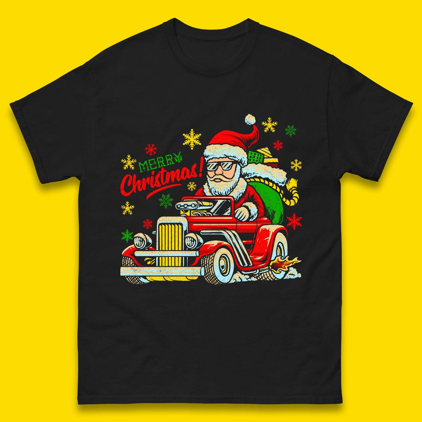 santa drives a hot rod car t shirt