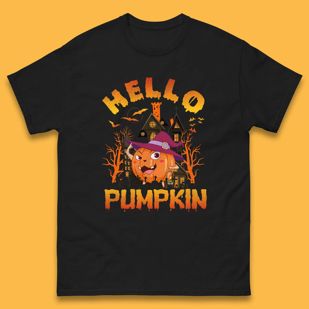Hello Pumpkin Cartoon Halloween Pumpkin With Witch Hat Devil Smile Haunted Castle Mens Tee Top