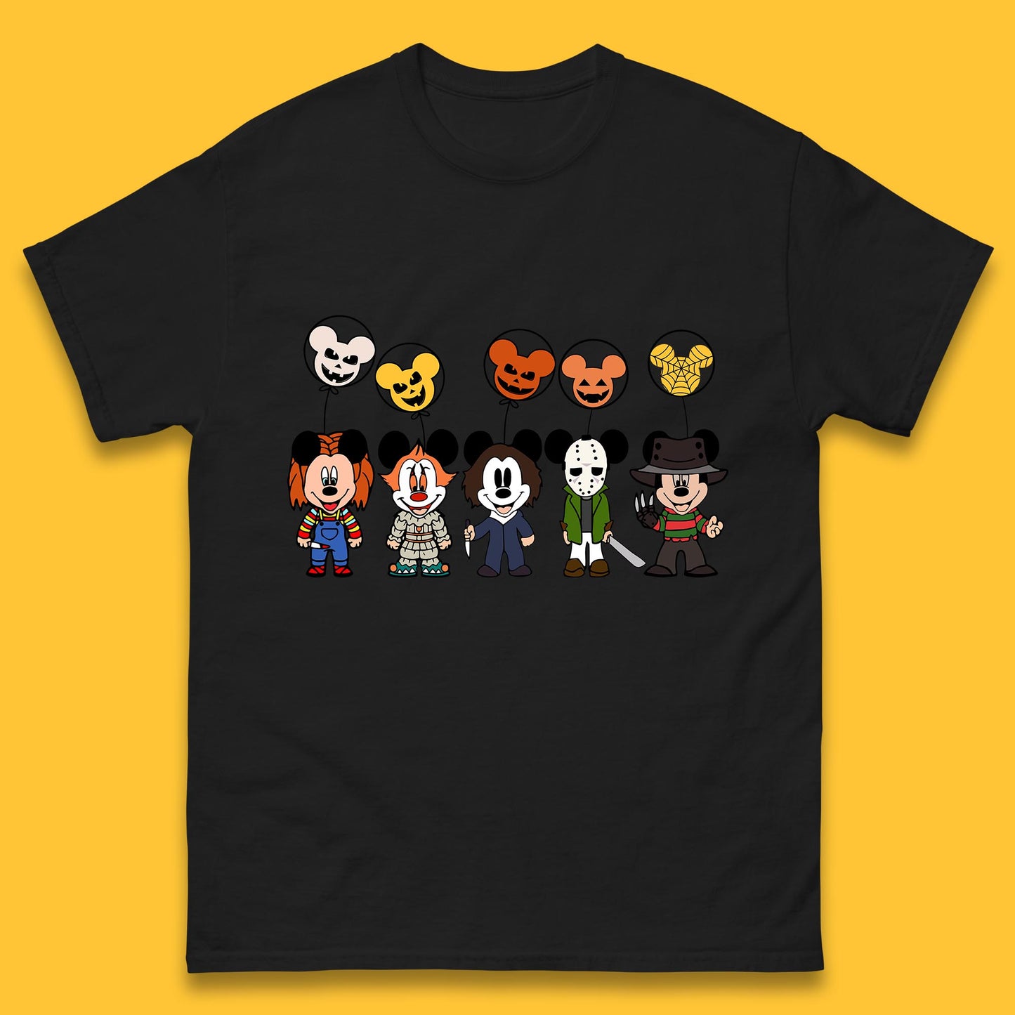 Disney Halloween Friends Horror Movie Characters Mickey Mouse Balloons Mens Tee Top