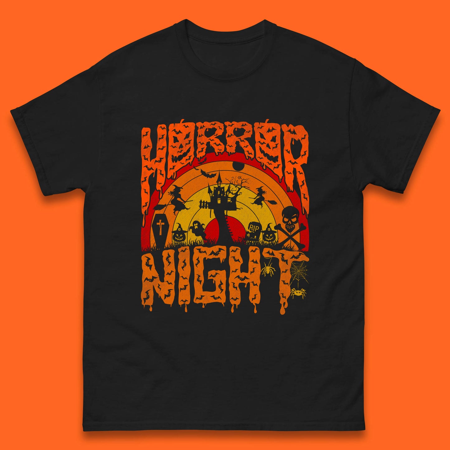 Halloween Horror Night Vintage Rainbow Flying witches Scary Boo Spooky Festive Night Mens Tee Top