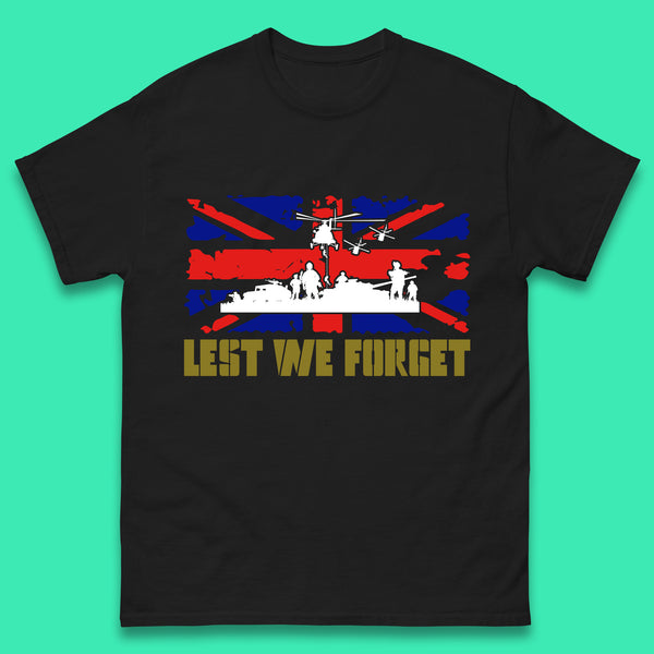 Lest We Forget Armed Forces Veterans Remembrance Day Uk Flag British War Soldiers Mens Tee Top