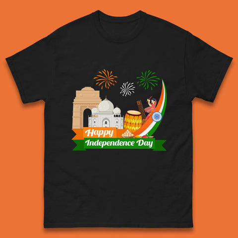 Happy India Independence Day 15th August Patriotic Indian Flag India Architectural Landmarks Mens Tee Top