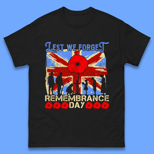 Lest We Forget British Armed Forces Union Jack Remembrance Day Poppy Uk Flag Royal Army Soldier Patriotic Mens Tee Top