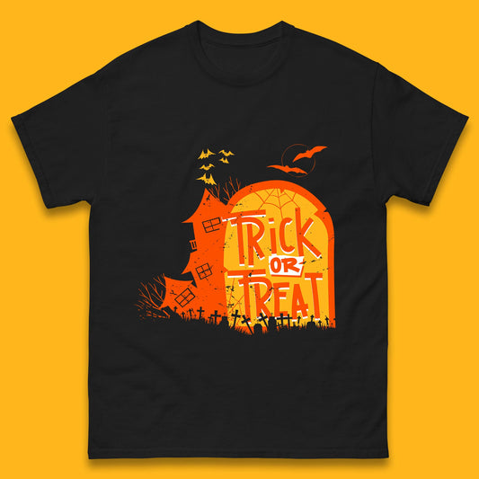 Trick Or Treat Halloween Terrific Abandoned Haunted House Flying Bats Mens Tee Top