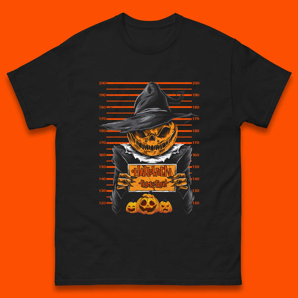 Halloween Trick Or Treat Scarecrow Mugshot Pumpkin Head Witch Hat Horror Scary Mens Tee Top