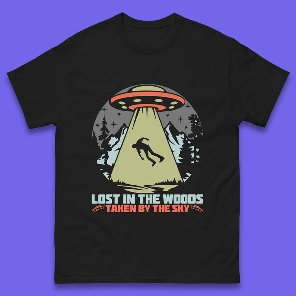 Lost In The Woods Taken By Sky Bigfoot Funny Sasquatch Getting Abducted By Aliens Camping Mens Tee Top
