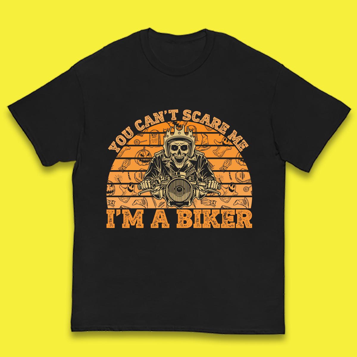 You Can't Scare Me I'm A Biker Halloween Skeleton Riding Motorcycle Vintage Biker Skull Kids T Shirt