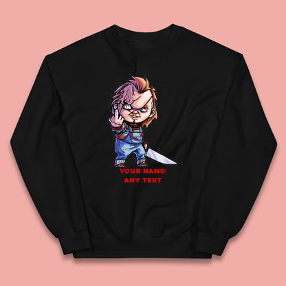 Personalised Chucky With Knife Your Name Or Text Halloween Horror Movie Character Kids Jumper