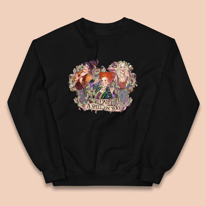 I Putt A Spell On You Halloween Sanderson Sisters Hocus Pocus Vintage Witches Kids Jumper