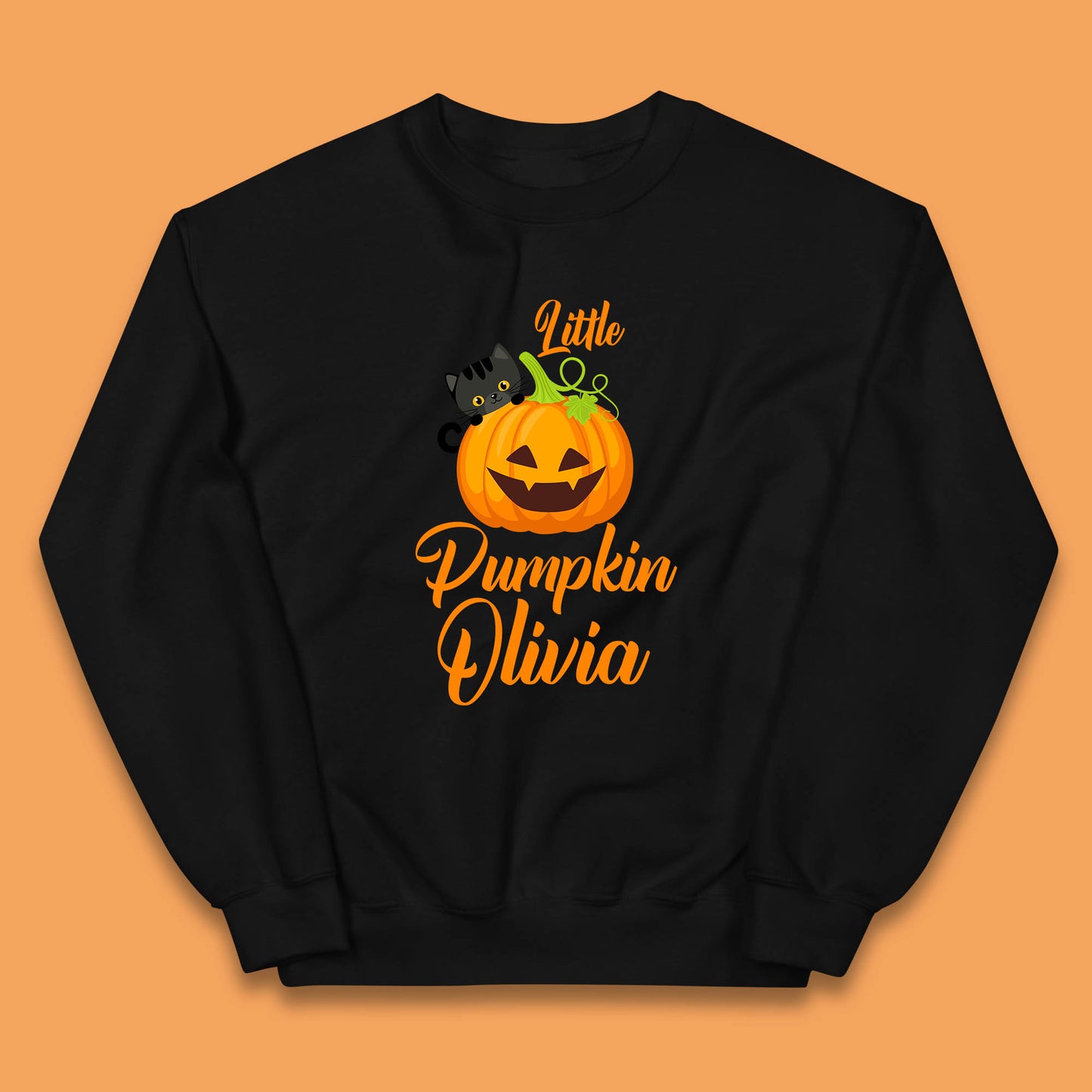 Personalised Little Pumpkin Your Name Black Cat Witch On Pumpkin Kids Jumper