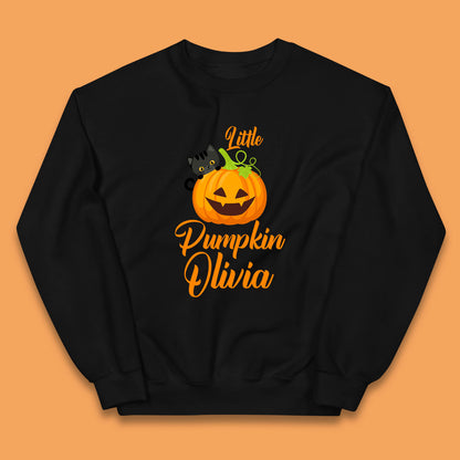 Personalised Little Pumpkin Your Name Black Cat Witch On Pumpkin Kids Jumper