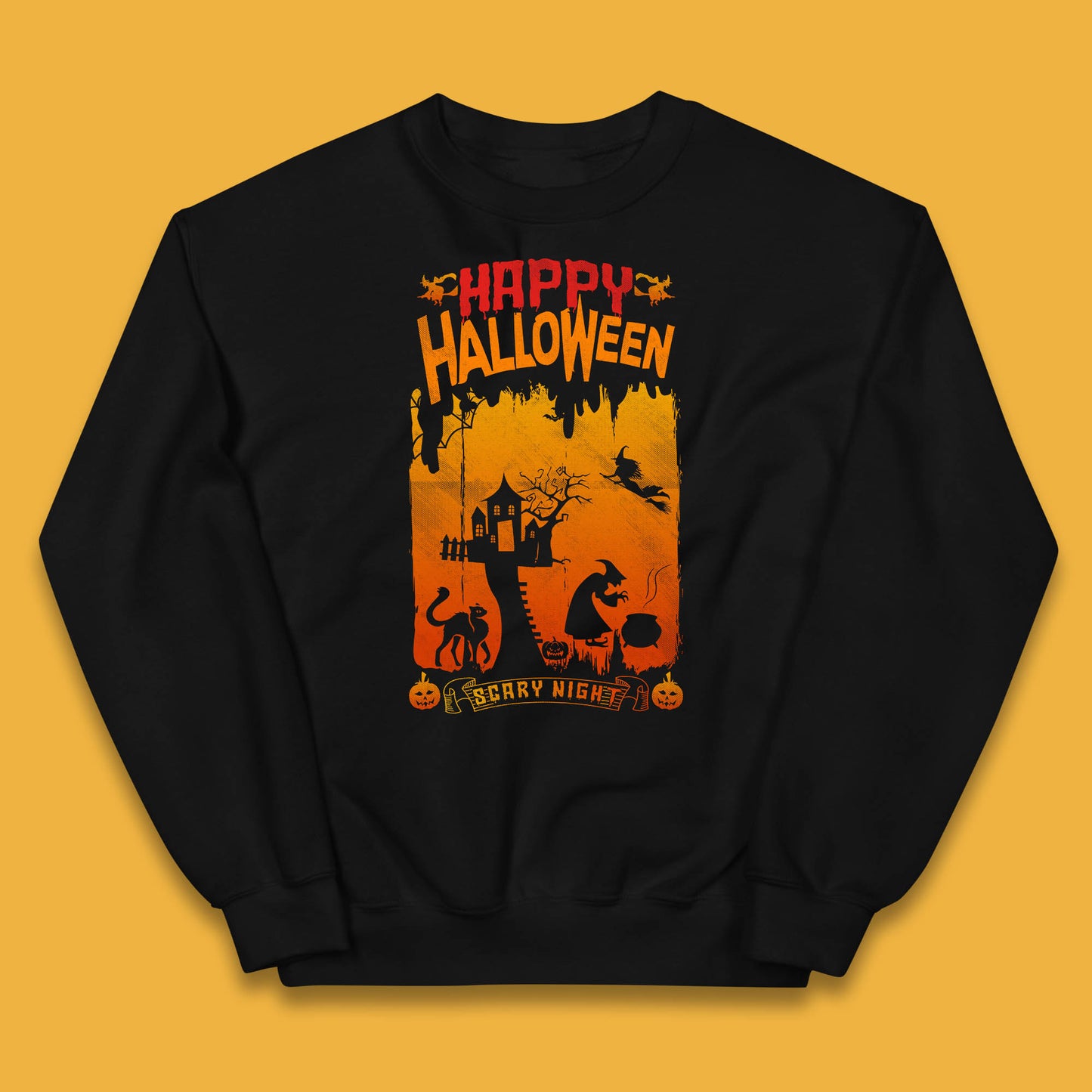 Happy Halloween Horror Hunted House Flying Witch Scary Spooky Night Kids Jumper