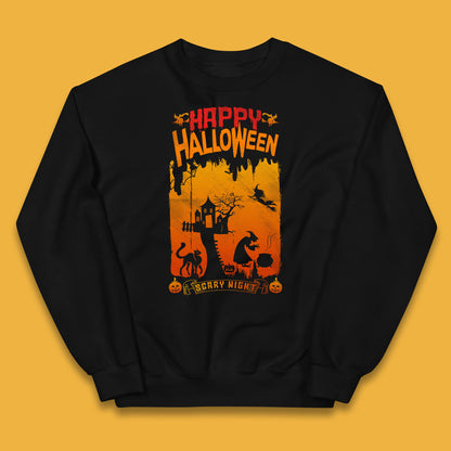Happy Halloween Horror Hunted House Flying Witch Scary Spooky Night Kids Jumper