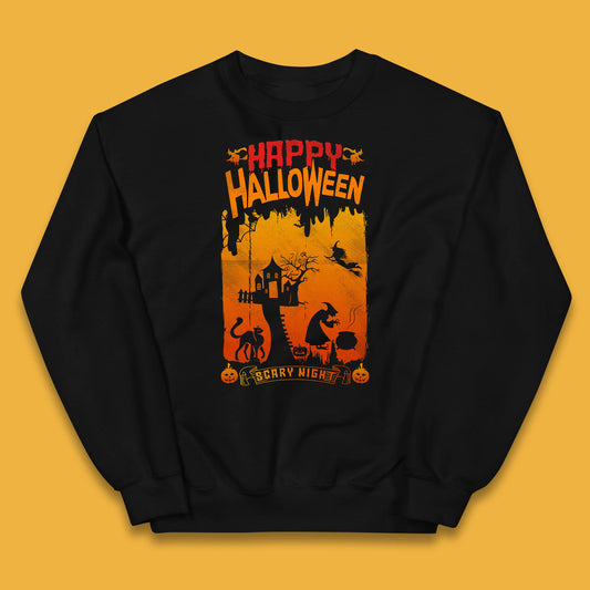 Happy Halloween Horror Hunted House Flying Witch Scary Spooky Night Kids Jumper