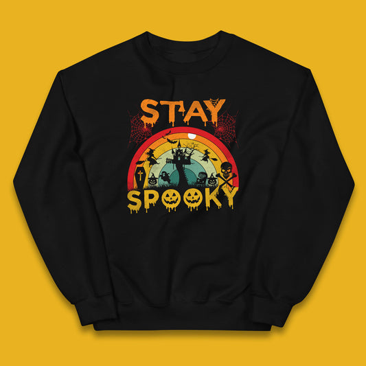 Stay Spooky Vintage Halloween Hunted House Dark Night Full Moon And Flying Bats Kids Jumper