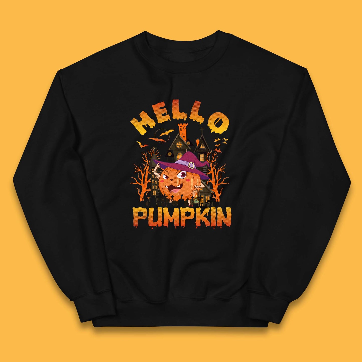 Hello Pumpkin Cartoon Halloween Pumpkin With Witch Hat Devil Smile Haunted Castle Kids Jumper