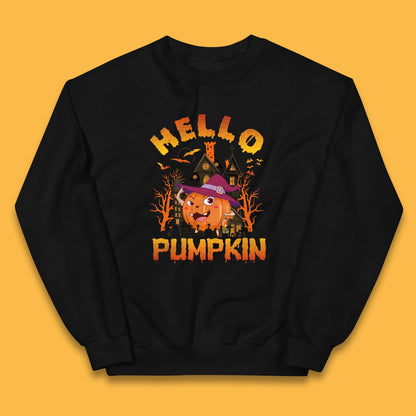 Hello Pumpkin Cartoon Halloween Pumpkin With Witch Hat Devil Smile Haunted Castle Kids Jumper
