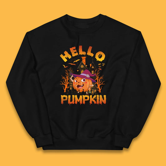 Hello Pumpkin Cartoon Halloween Pumpkin With Witch Hat Devil Smile Haunted Castle Kids Jumper