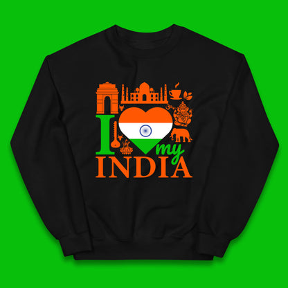 I Love My India Patriotic Indian Flag 15th August Independence Day Kids Jumper