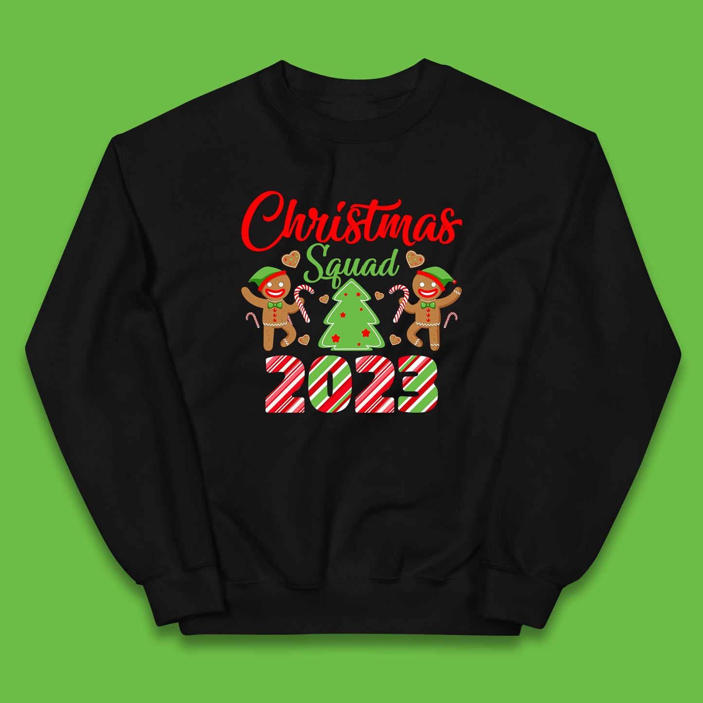 Christmas Squad 2023 Christmas Tree Xmas Gingerbread Man with Candy Cane Kids Jumper