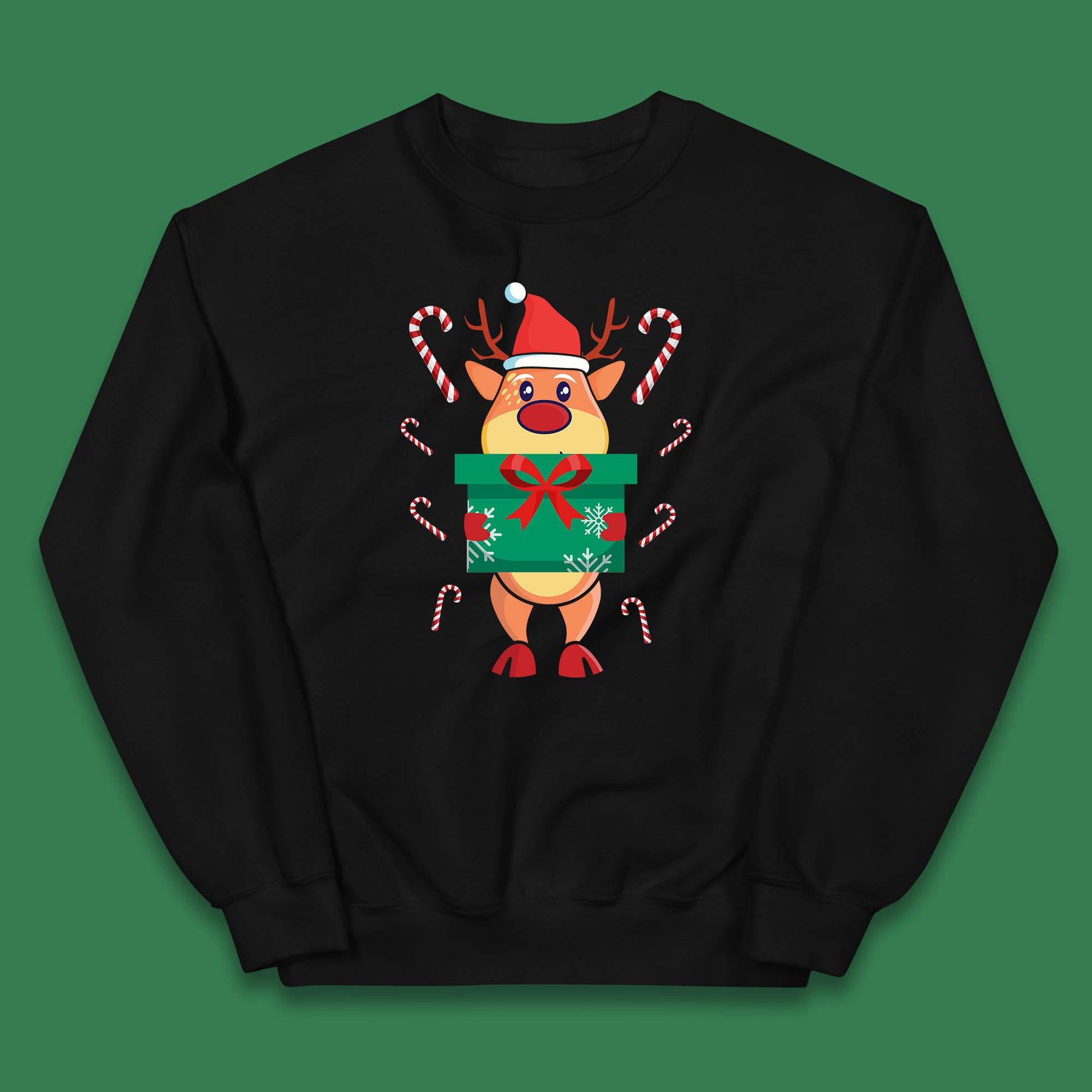 reindeer holding gift christmas jumper