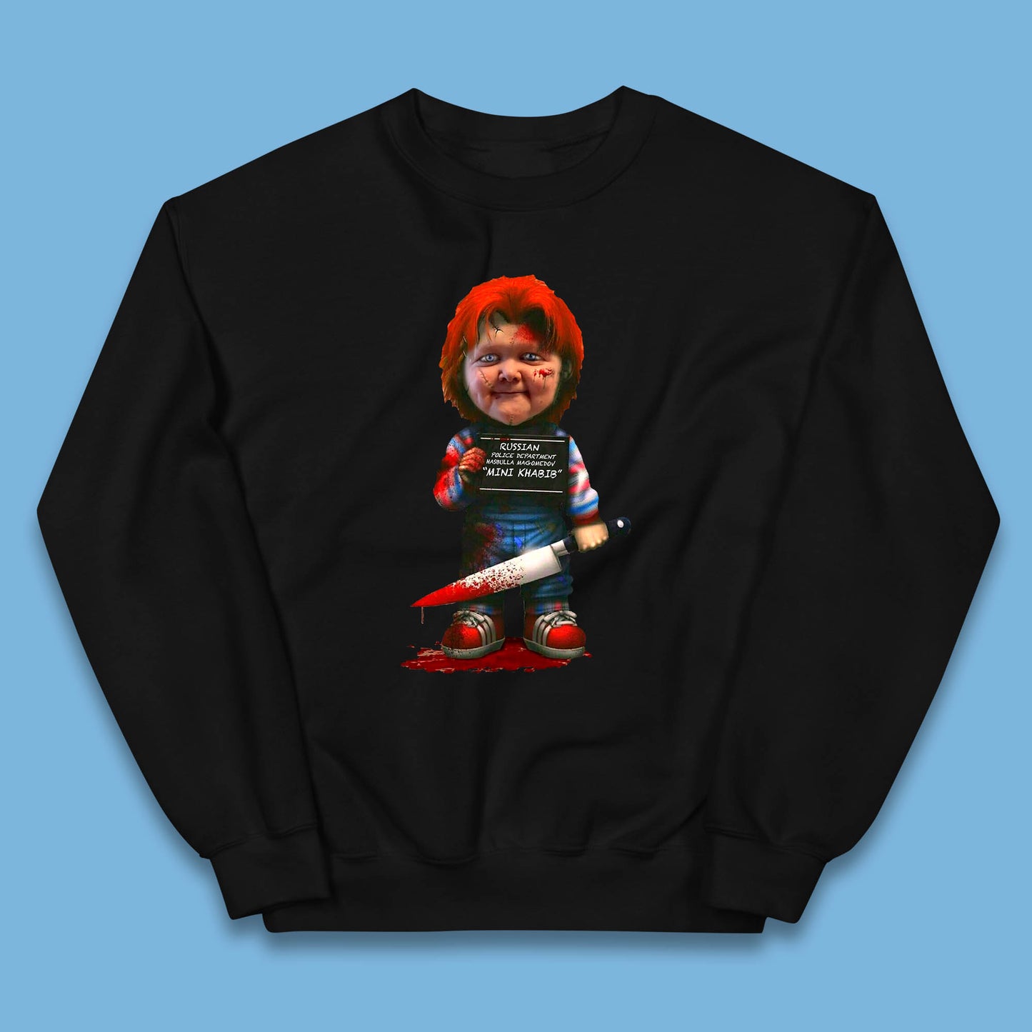 Chucky Mug Shot Russian Police Dept Hasbulla Magomedov Chucky Mini Khabib Inspired Halloween Horror Movie Good Guy Chucky Kids Jumper
